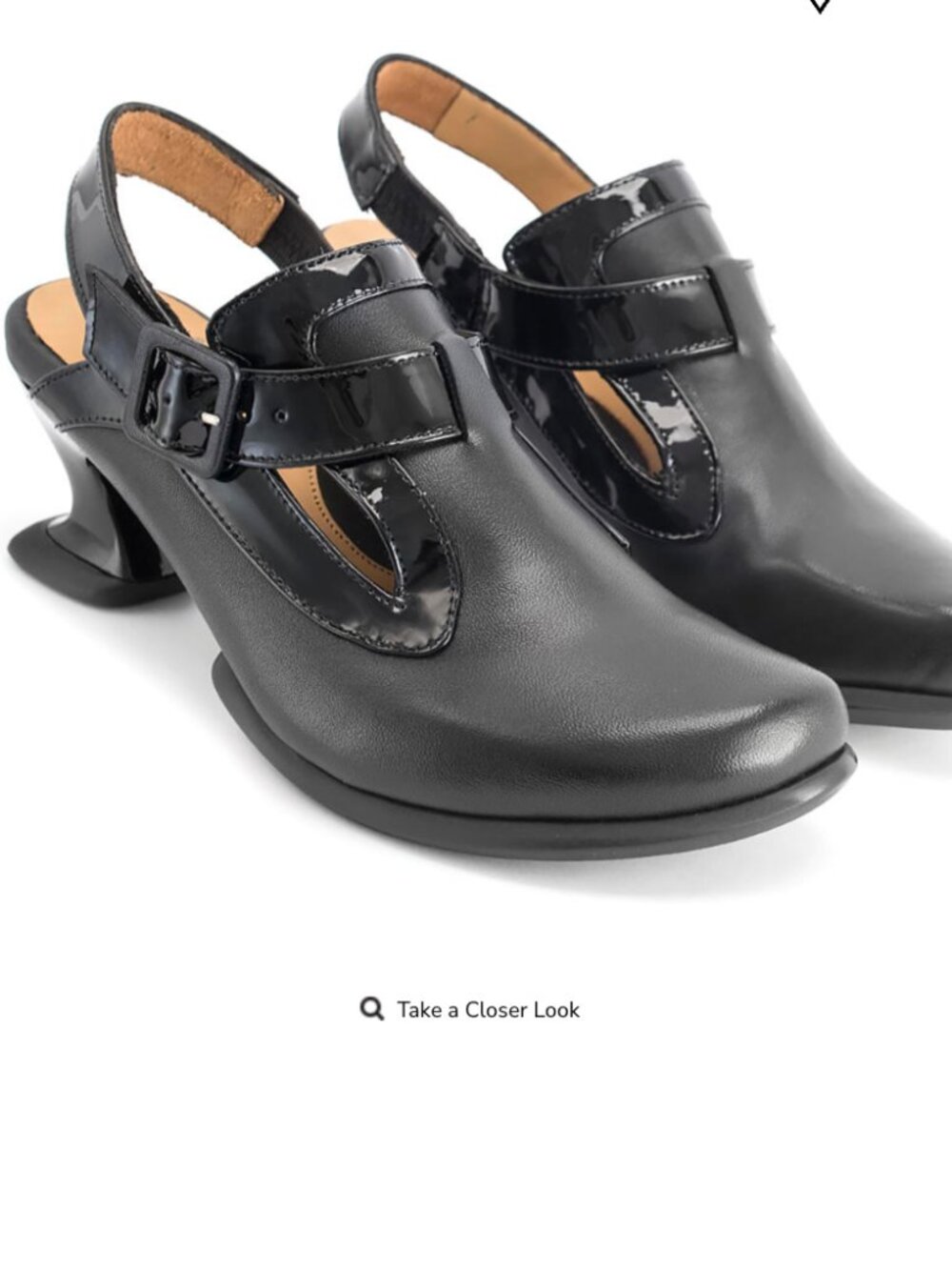 John Fluevog Nandri Black Patent & Leather Slingback with Sculpted Heels